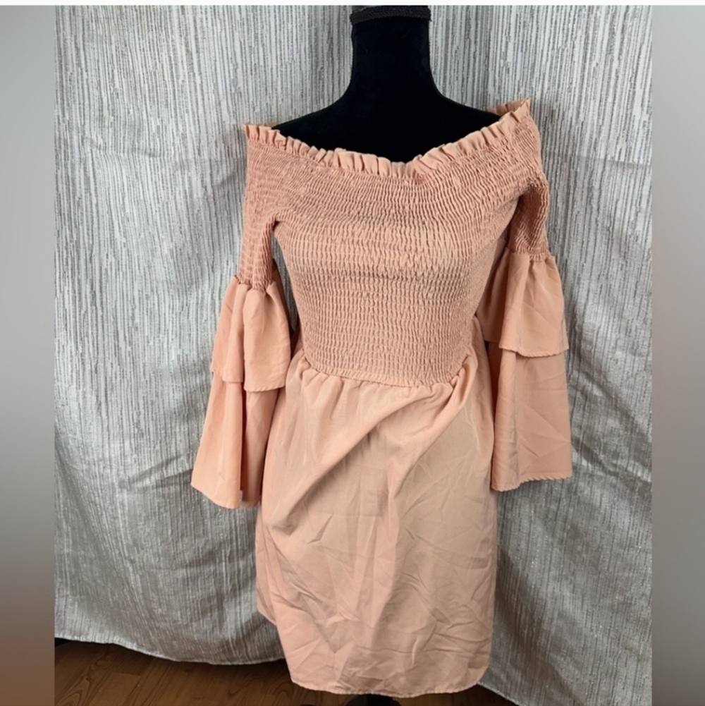 Flirty & Feminine Peach Off-Shoulder Dress 1x plus size